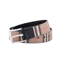 BURBERRY  經典格紋銀扣3.5CM皮帶 (米/黑色)