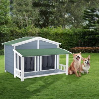 Dog House, Waterproof Dog Kennel, 47.2" Wooden Outdoor and Indoor Dog House, Log Cabin Style with Porch,Elevated Floor, 2 Doors