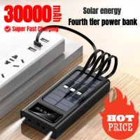 30000mAh power bank comes with a four wire speed charging portable power bank, suitable for iPhone Xiaomi external battery charg