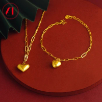 24K Gold Plated Lovers Necklace For Women Simple Polished Heart Pendant Chain OL Commuter Jewelry 999 Pure Golden Color Bracelet