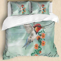 Hummingbird Orchid Flowers Bouquet Print Bedding Set, Decorative Quilted 3 Piece Duvet Cover Set with 2 Pillow Shams, Full Size