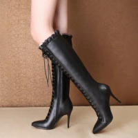 Genuine Leather Women's High Knee Boots Winter Shoes Sweet Elegant Lace Up Black High Heels Party Shoes Girls Boot Large Size 48