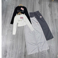 Set bộ áo thun tăm dài tay mix quần suông kẻ ngang in mặt kitty - áo in râu mèo