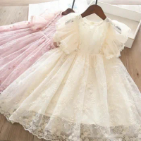 Ruffles Lace Summer Dresses for Girls 3 6 8 Yrs Flower Elegant Birthday Girl Princess Dress 2024 New Summer Casual Kid's Dress