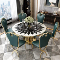 Luxury parquet marble dining table post-modern round table