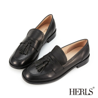 【HERLS】樂福鞋-全真皮澎派流蘇低跟樂福鞋(黑色)