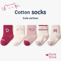 5 Pairs Cotton Kids Socks 0-8 Yrs Warm Socks Pink Think M For Baby Girls Cute Cartoon Newborn Toddler Socks Casual Sport Socks