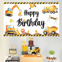 Happy Birthday Party Backdrop Cloth Construction Vehicle Party Decorations Baby Boy Birthday Party Photo Prop Background Decor