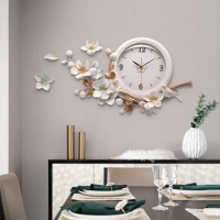Living Room Decoration Ceramic Resin Flower Bird Home Wall Clock Bedroom Pastoral Creative Wall Mirror Sticker Fashion Art Clock