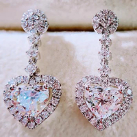 Custom Solid 10K White Gold Drop Stud Earrings Women Wedding Anniversary Engagement Party Heart Moissanite Diamond