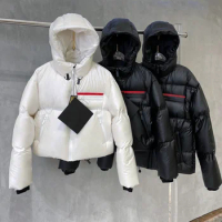 2023 Autumn/Winter New Black and White Zipper Pocket Hooded eider Down Coat Women's Long sleeved Coat jacket