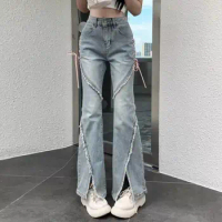 Women's Vintage Flare Jeans Women Bow Patchwork Korean Streetwear Baddies Denim Pants Harajuku Fashi