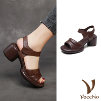 【Vecchio】真皮涼鞋 粗跟涼鞋/真皮頭層牛皮魚口露趾時尚粗跟涼鞋(棕)
