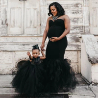 New Fashion Black Puffy Mother And Daughter Tulle Maternity Dress To Photo-shoot Mother And Kids Fluffy Mesh Party Night Gowns