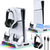 IPEGA Charging Stand with Cooling Fan for PS5 Slim Digital/Disc Console, Dual Controller Charger Station with 9 RGB Lights