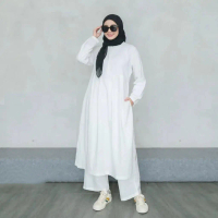 Zhea Set Setelan Tunik + Celana Kulot Jumbo Wanita Bahan Katun Linen Rami Fashion Muslim Kekinian Te
