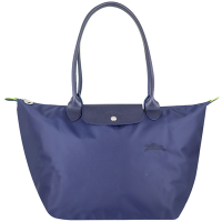 Longchamp LE PLIAGE 藍色再生尼龍皮邊刺繡折疊長把水餃包(大)