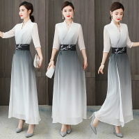 新款漢服改良中國風長裙中式茶服斜襟修身長款漸變色絲質連衣裙