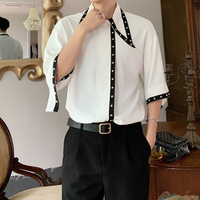 FINDSENSE品牌 訂製 韓系男裝 G6 夏季柳釘裝飾正韓短袖男白襯衫五分袖潮牌洋裝簡約寬鬆黑色白色
