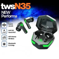 TWS N35 Bluetooth Headphone 5.2 Headset Nirkabel Gaming Earbuds Mic Super Bass Hitam untuk Android i