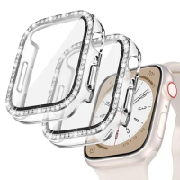 Glitter Diamond Screen Protector For Apple Watch Series 9 8 7 6 5 4 3 SE With Tempered Glass Case iWatch 45/41mm 40/44mm 42/38mm