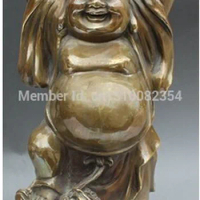 China Bronze Stand Happy Laugh Smile Maitreya Buddha Treasure bowl Tiger Statue