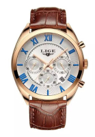 LIGE LIGE 計時碼表中性 IP 玫瑰金彩色不銹鋼石英手錶，白色錶盤，棕色皮革錶帶