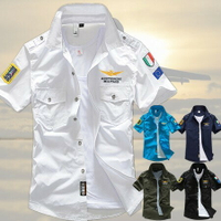 ※現貨【白4XL/海軍藍4XL】刺繡徽章軍裝 純棉MA1空軍一號刺繡短袖襯衫【CW44024】