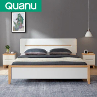 121810 Nordic Simple Bedroom Furnitures Modern Wood Queen King Size Bed Frame