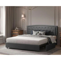 King Size Bed Frame Upholstered Low Profile Traditional Platform with Tufted and Nail Headboard, Storage Bed Frame