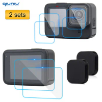 QIUNIU 2 Sets Lens Protective Film Tempered Glass Screen Protector + Lens Cap for GoPro Hero 9 10 11 12 Black Go Pro Accessories