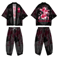 Japanese Style Haori Costume Yukata Vintage Kimono And Pants Set Men Harajuku Streetwear Samurai Black Cat Print Cardigan