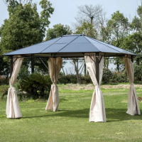 10' x 12' Outdoor Gazebo Steel Hard Top Patio Canopy Gazebo Party Tent with Removable Curtains