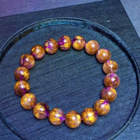 Natural Purple Cacoxenite Auralite 23 Gold Rutilated Quartz Bracelet 11mm Clear Round Beads Bangle Women Men AAAAA