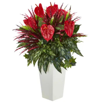 Nearly Natural 33in. Mixed Anthurium Artificial Plant in White Tower Vase, Red