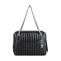 展示品CHANEL雙C墜飾LOGO直條紋絎縫小羊皮拉鍊鏈帶肩背子母包(黑)