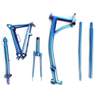 Custom make titanium folding bike frame set with blue color foldable bicycle parts frame/fork/triangle/stem/S handlabar/seatpost