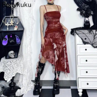 2024 Chinese Dragon Dress Women Sexy Y2K Folds Asymmetrical Spaghetti Strap Backless Dress Square Collar Party Club Long Dresses
