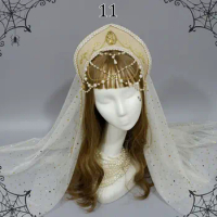 Royal French Tiara Headband Medieval Royal Tudor Crown Headband Beads Chain Handmade Lolita Virgin Hair Retro Cosplay Accessorie