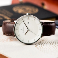 【Nordgreen】ND手錶 哲學家 Philosopher 40mm 月光銀殼×白面 深棕真皮錶帶(PH40SILEDBXX)