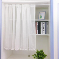 Solid White Short Kitchen Curtain Modern Style Curtain Rod Pocket Cabinet Curtain Window Curtain With Beads