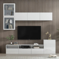 High-gloss TV cabinet with ample storage space, media console for TVs up to 75", with wall-mounted living room floating storage