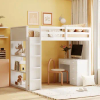 Twin Size Loft Bed with Ladder, Shelves, and Desk, White