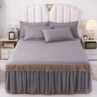 2021 New Arrivals Lace Bed Skirt with Pillowcase, 3pcs Bedding Set Fitted Sheets for Bedroom Queen King Size Mattress Cover
