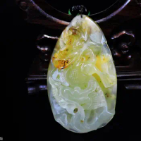 Jade Jewelry Natural Jade Pendant Necklace Hand-Carved dragon&amp;bat Jadeite Necklace Pendant Gift No Treatment 604i