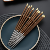 家用雞翅木筷子創意日式不銹鋼筷子餐具防滑尖頭筷金屬頭