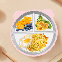 Stainless Steel Children'S Plate With Suction Cup, Round Divider, And Detachable Silicone Ears.