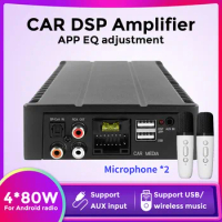 Dual Handheld Wireless Microphone 4X80W Car DSP Amplifier with 2 MIC Wiring Harness Digital Audio Processor Radio Sound Upgrade