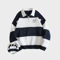 Sweater Rugby Hoodie salur terbaru sweater kerah CREWNECK NY BRKLYN pria wanita Fleece Panjang Biru 