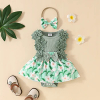 2024-04-25 Lioraitiin Baby Girl Summer Outfit, 3D Flower Round Neck Sleeveless Ribbed Romper Dress Bow Headband Newborn Set